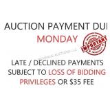 All Auction Payments due by monday 5 pm