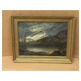 Antique painting on canvas. Mountain Scene,