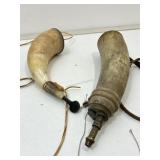 Pair Real Horn Powder Horns - One Partially Pair Real Horn Powder Horns - One Partially