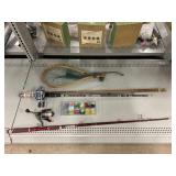 Fishing poles, hooks, bait, net Fishing poles, hooks, bait, net