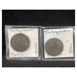 2-ottoman Empire Turkey Silver Piastres Yr1223 2-ottoman Empire Turkey Silver Piastres Yr1223