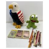 Ty and other plush, playing cards, vintage pens