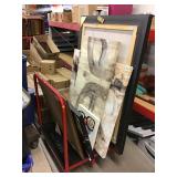 Mirror, Framed painting and assorted prints. Cart