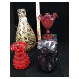 4 pc colored glassware, handblown, hobnail,