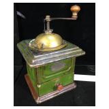 Antique tin and brass coffee grinder, wood