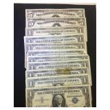 2- $5 Silver Certificates & 9 $1 Silver