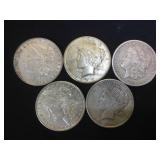 5- MORGAN & PEACE SILVER DOLLARS, 5 x $