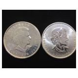 2- 1 oz. .9999 Silver Canadian coins, 2 x $