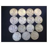 15- SILVER WALKING LIBERTY HALF DOLLARS, 15 x $