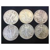 6- SILVER WALKING LIBERTY HALF DOLLARS, 6 x $