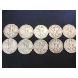 10- SILVER WALKING LIBERTY HALF DOLLARS, 10 x $
