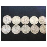 10- SILVER WALKING LIBERTY HALF DOLLARS, 10 x $