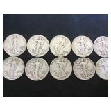 10- SILVER WALKING LIBERTY HALF DOLLARS, 10 x $