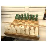 Vintage chess set - wooden box and carved stone