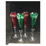 Set 4 Etched Holly Champagne flute, red - green ,