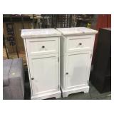 Pair of white 1- drawer w/ cupboard marble topped