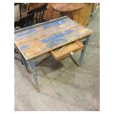 Primitive pine old blue paint table, drawer,