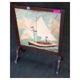 Wood fire screen needlepoint one side,
