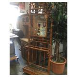 Large antique bamboo hall tree w/ mirror;  wood