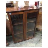 Small 2 door Walnut bookcase ,2 shelves, glass