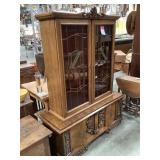 Vintage English QS oak china cabinet , leaded