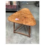 Vintage tri corner table, burled wood top,