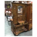 Antique oak hall stand, hanky box center, 6