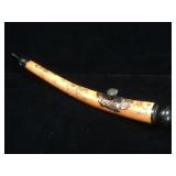 Bone scrimshaw Asian smoking pipe w/ painted