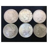 6- MORGAN & Peace Silver Dollars, 6 x $