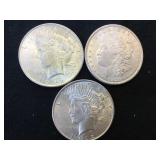 3- Morgan & Peace Silver Dollars, 3 x $