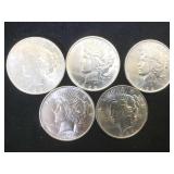 5- 1922 & 1923 BU SILVER PEACE DOLLARS, 5 x $=