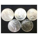 5- BU SILVER PEACE DOLLARS, 5 x $