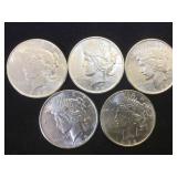 5-=BU SILVER PEACE DOLLARS, 5 x $