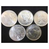 5- BU SILVER PEACE DOLLARS, 5 x $