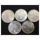 5- BU SILVER PEACE DOLLARS, 5 x $