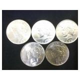 5- BU SILVER PEACE DOLLARS, 5 x $