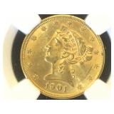 1901  NGC MS62, $5 GOLD HALF EAGLE