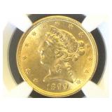 1900.  NGC MS62 $5 GOLD HALF EAGLE