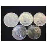 5- BU SILVER PEACE DOLLARS, 5 x $