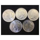 5- BU SILVER PEACE DOLLARS, 5 x $