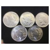 5- BU SILVER PEACE DOLLARS, 5 x $