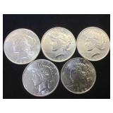 5- BU SILVER PEACE DOLLARS, 5 x$