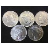 5- BU SILVER PEACE DOLLARS, 5 x $