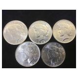 5- BU SILVER PEACE DOLLARS, 5 x $