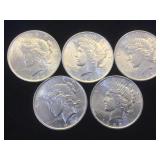 5- BU SILVER PEACE DOLLARS, 5 x $