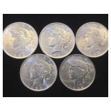5- BU SILVER PEACE DOLLARS, 5 x $