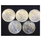 5- BU SILVER PEACE DOLLARS, 5 x $