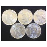 5- BU SILVER PEACE DOLLARS, 5 x $