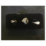 3- Sterling rings, 1- clear gem, 1-+black gem