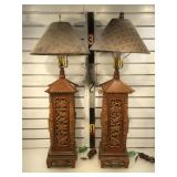 Pair of vintage carved wood lamps, 1 w/ chips &